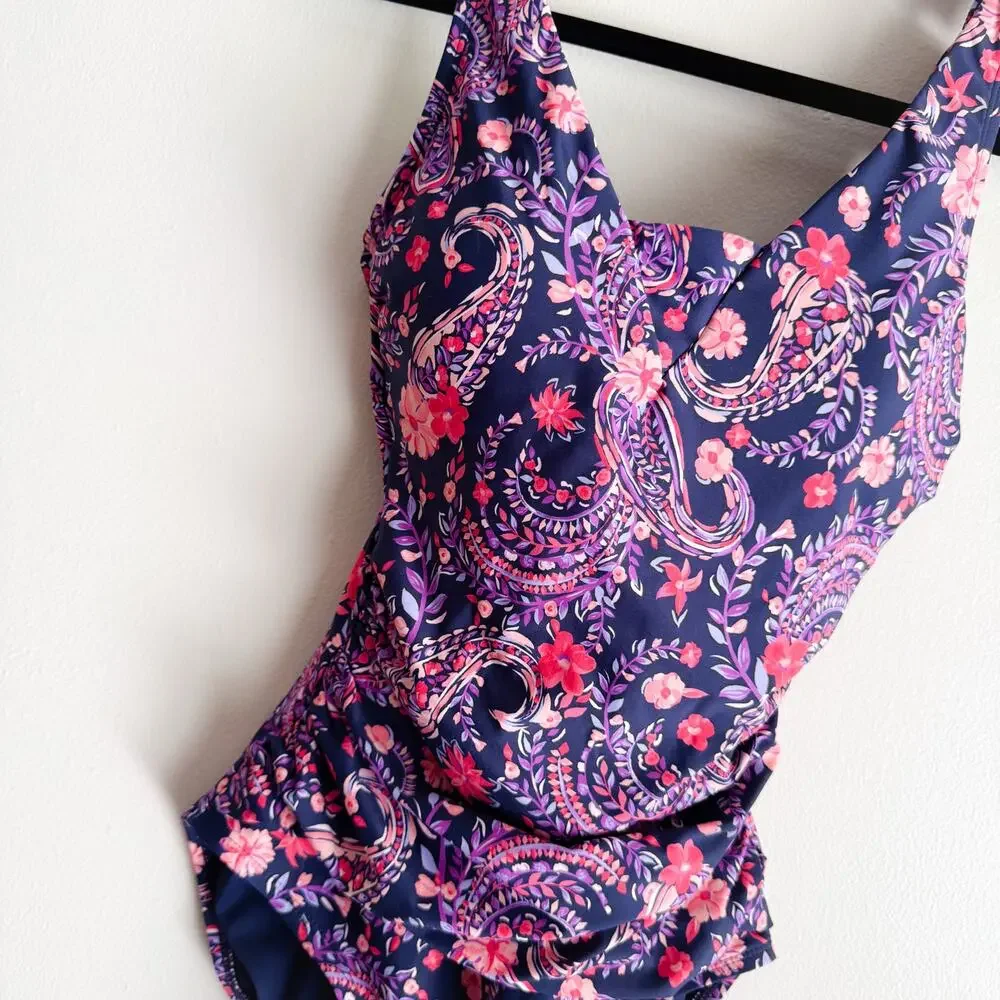 Lands' End Purple + Navy Blue Paisley Floral Print Ruched One Piece Swimsuit XS
